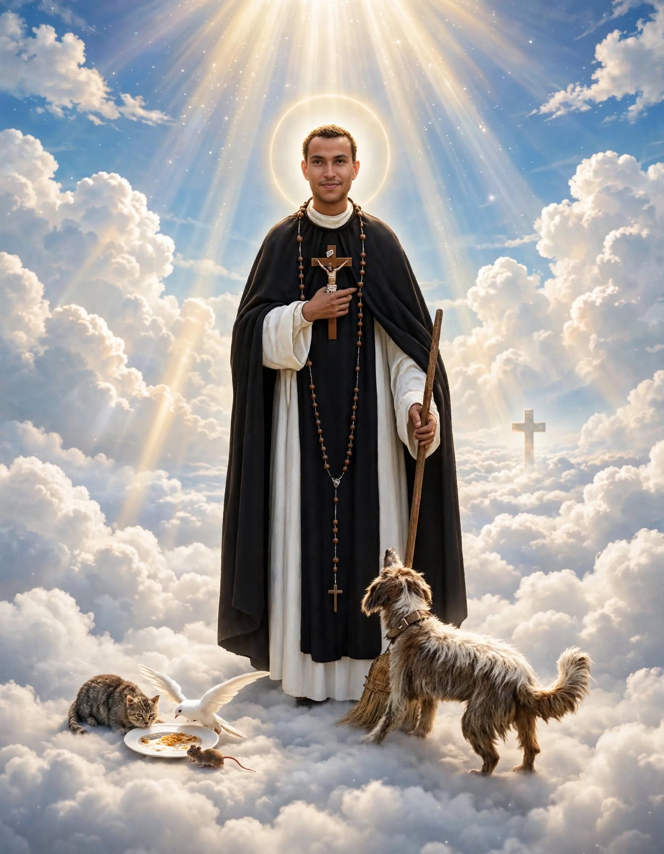 San Martín de Porres entre nubes y rayos de luz, acompañado de animales